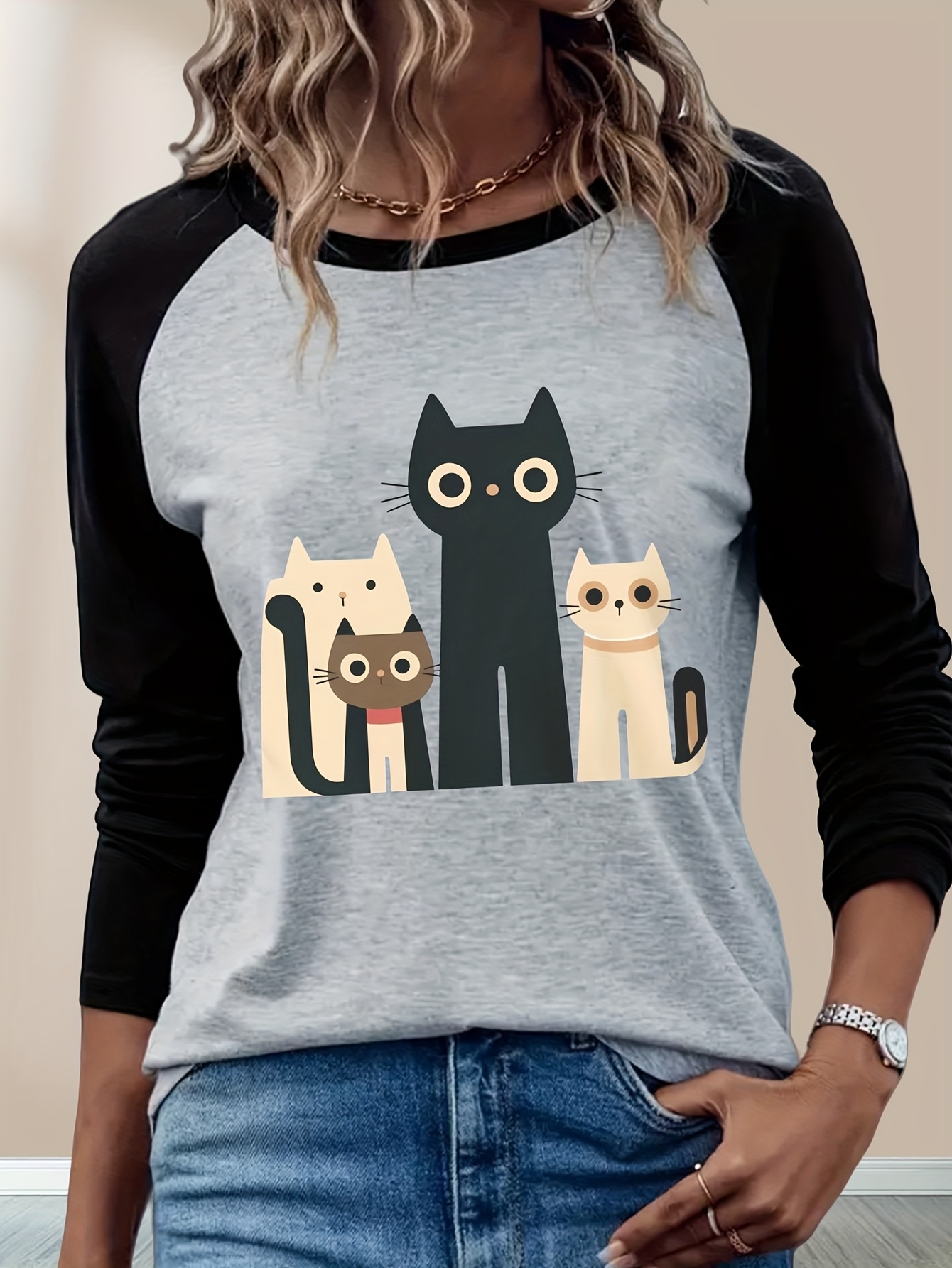 cat block t shirt casual v neck long sleeve t Temu United Kingdom
