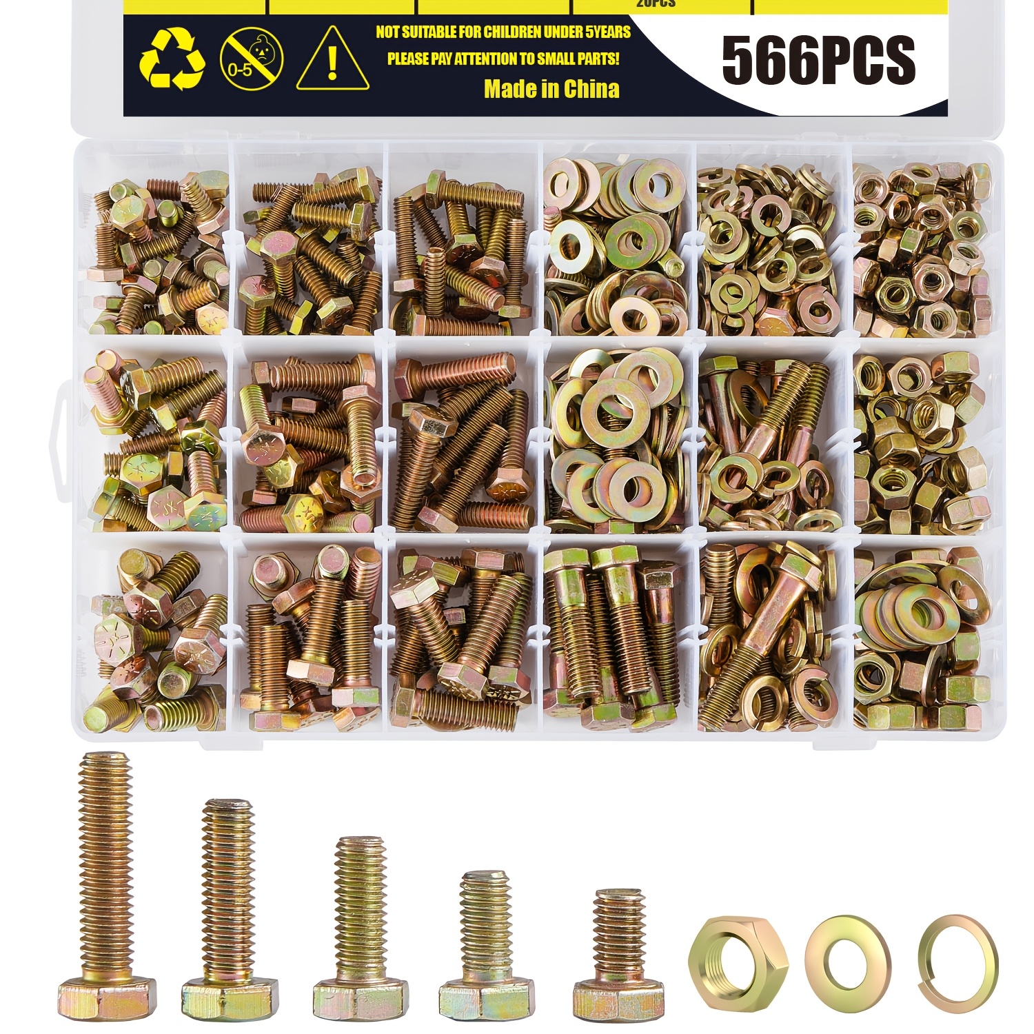 

566pcs Heavy Duty Bolts And Nuts Assortment Kit, Grade 8 Hex Screws Bolts Nuts Kit, 1/4 5/16-18 3/8-16, 15 Common Sizes Included