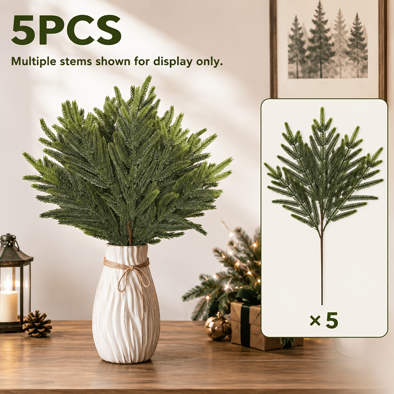 TEMU Set da 5 pezzi di rami decorativi artificiali di pino di Norfolk, adatti per decorazioni natalizie, del Ringraziamento, per la casa esterno.