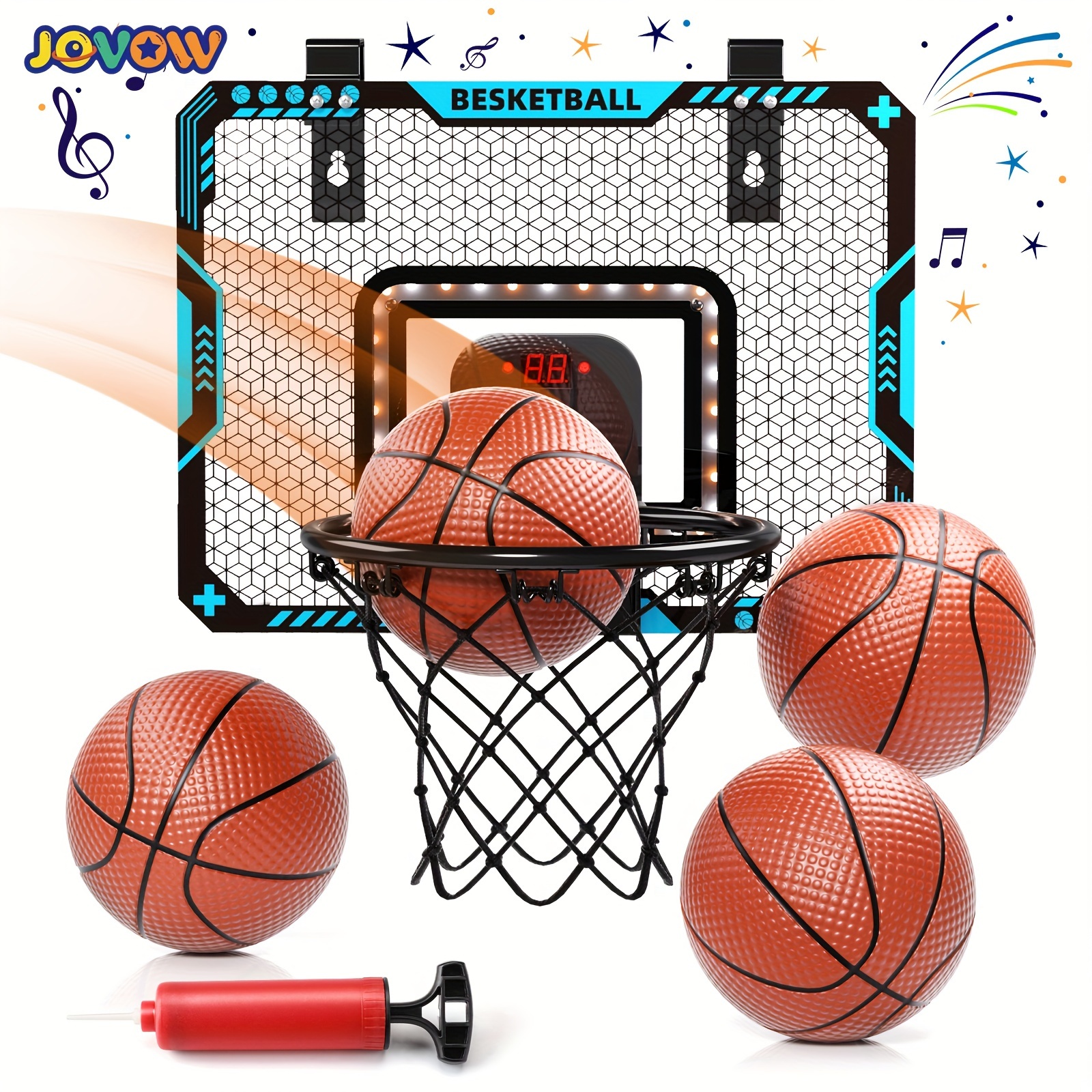 TEMU Jovow, Mini Basketball Stand Set, Door Basketball Basket, Indoor And Outdoor Sports, Led Lighting, Electronic Scoreboard, With 4 Basketballs,