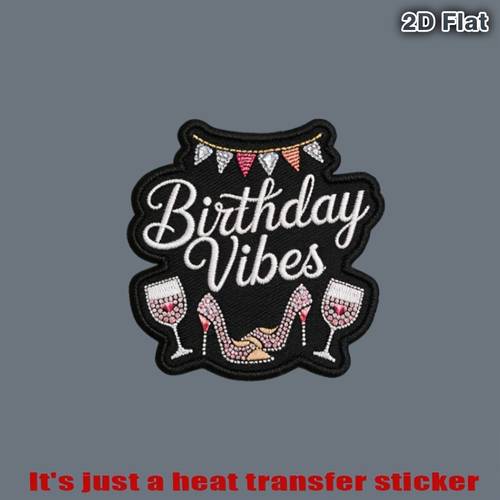 Black Birthday Patch, White Font, Pink High Heels, Wine Glass Pattern, Heat Transfer Sticker, Suitable for Flat Materials Such as Clothing, Hats, Canvas Bags, Cushions, Leather, Bed Sheets, Carpets