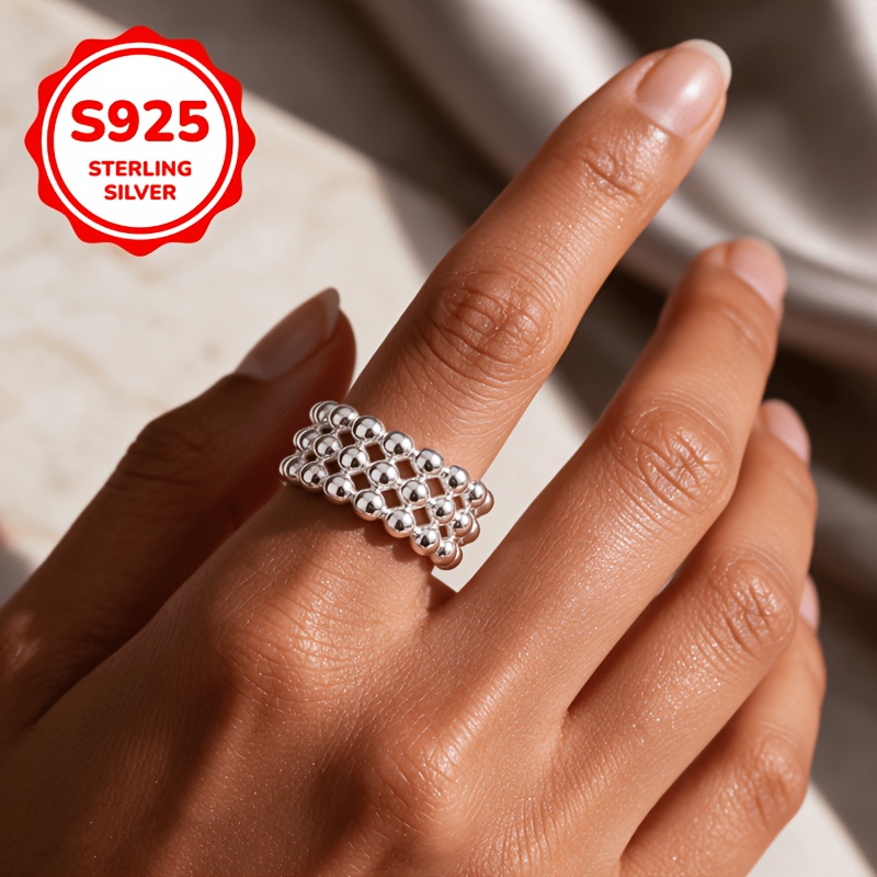 925 Silver Adjustable 3-Layer Beaded Ring, Gift for Couples