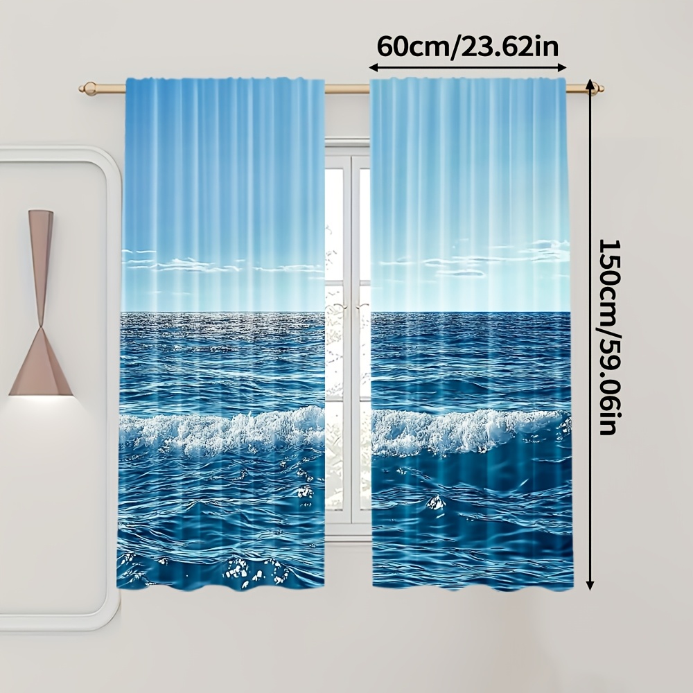 TEMU 2pcs Thermal Insulating Blackout Curtains - Ocean Waves & Window Drapes, Light Filtering Privacy Window Treatments For Living Room, Bedroom,
