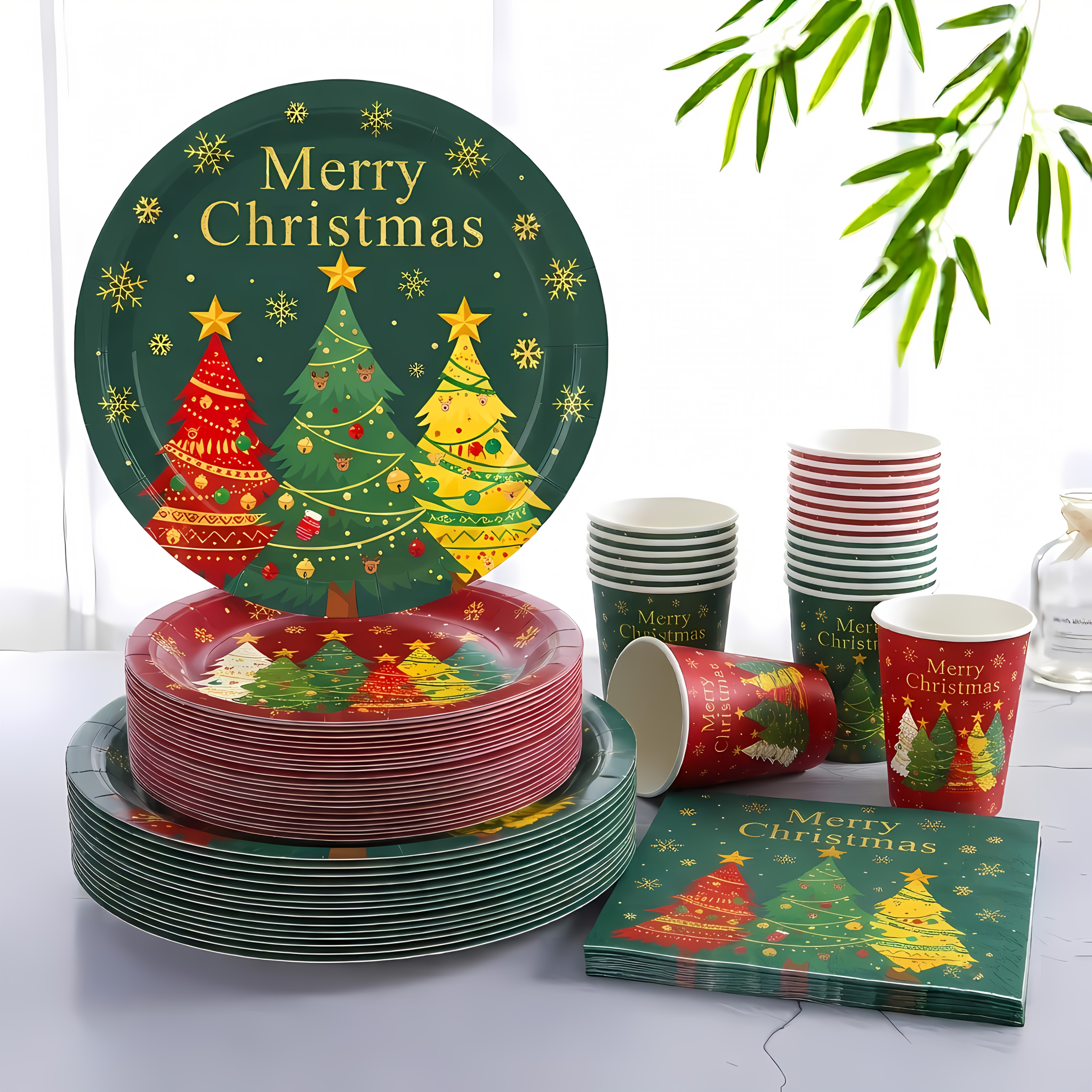 TEMU 80pcs Party Plates And Tableware Set | Red Green Christmas Tree Merry Christmas Theme Holiday Party | Paper Cups Napkins Included | Winter