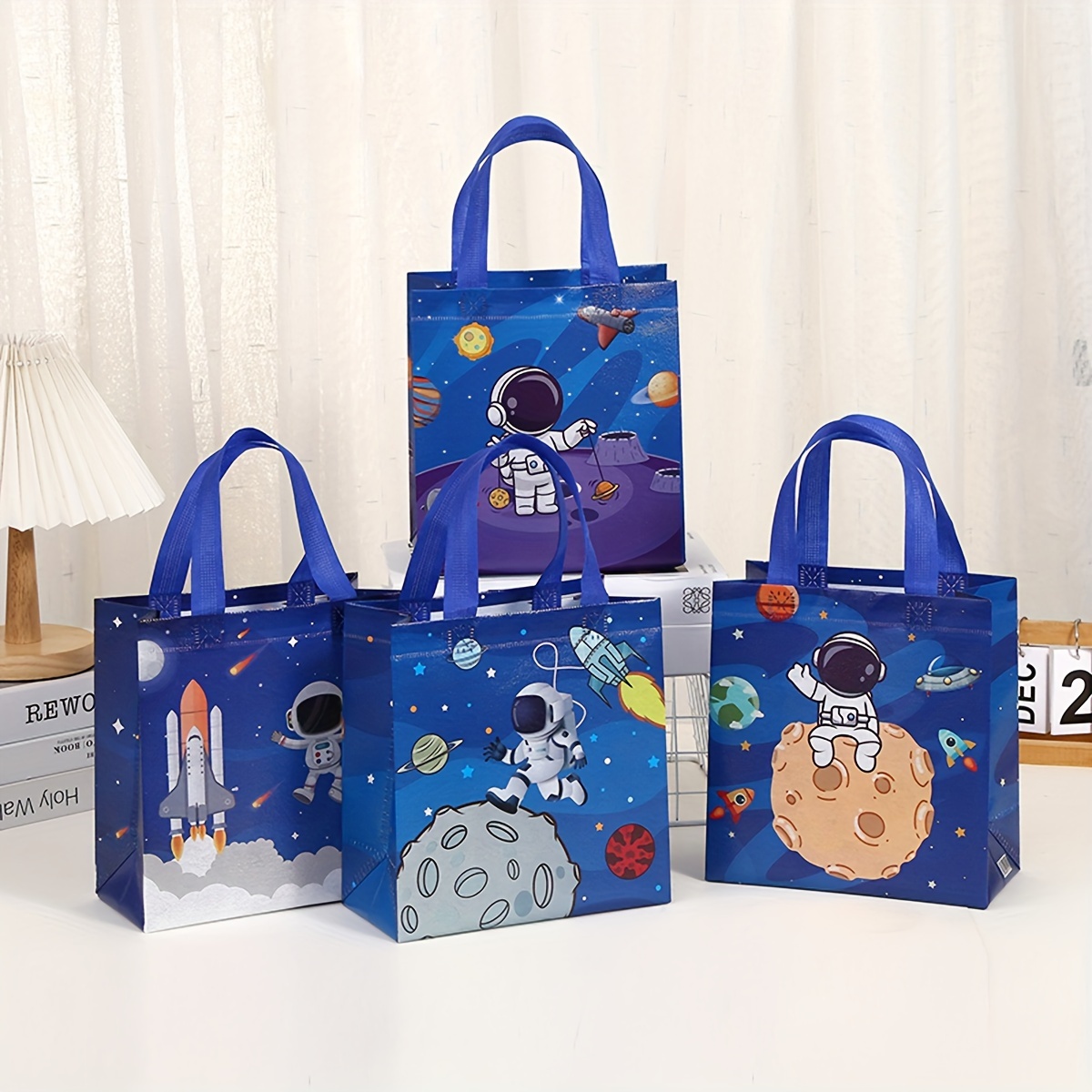 

12 Pcs 23x22x11cm Space Explorer Gift Bags - Blue, White, And Purple Design - Perfect For Office, Party, Or Any Occasion - Made Of Durable Polyester