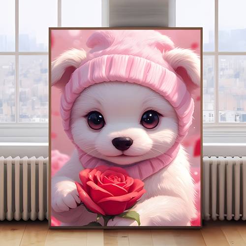 item picture 2d flat 2d flat 1pc adorable puppy with pink hat and red rose 2d frameless canvas art suitable for rooms bedrooms cute patterns delicate wall decor fits sweet warm and easy styles