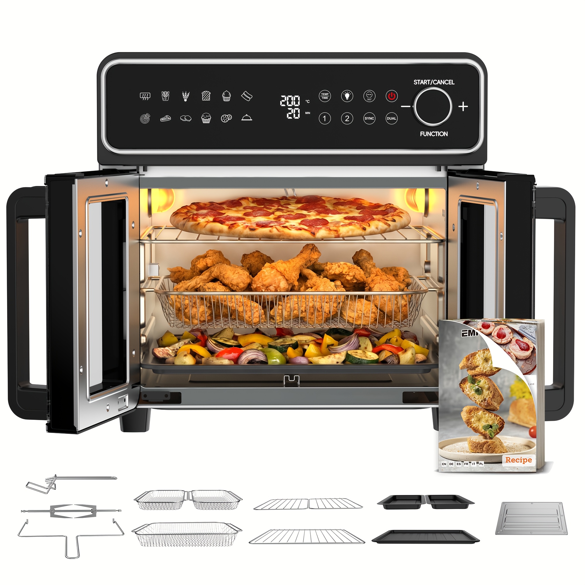 TEMU Friteuse à air extra-large de 23L, à porte française, tactile et à bouton, 13 additions, 12 programmes préprogrammés, double tubes de chauffage