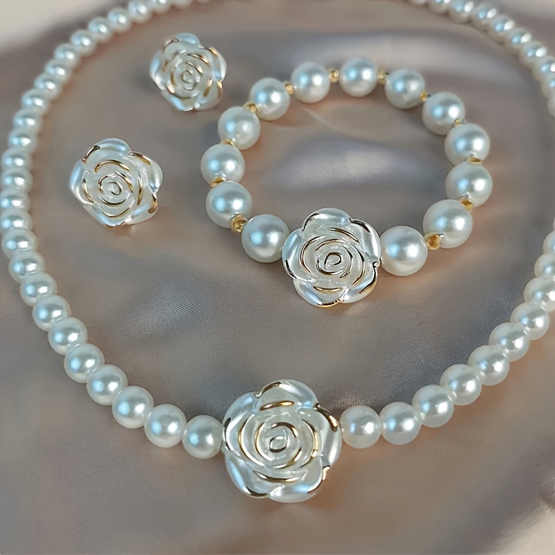 Image of Fashion Camellia Styling 1pc Necklace + 1pc Bracelet + 2pcs Earrings, Elegant Camellia And Set Jewelry, Suitable For Women', Dating, Wedding Wear - Suitable For Gift