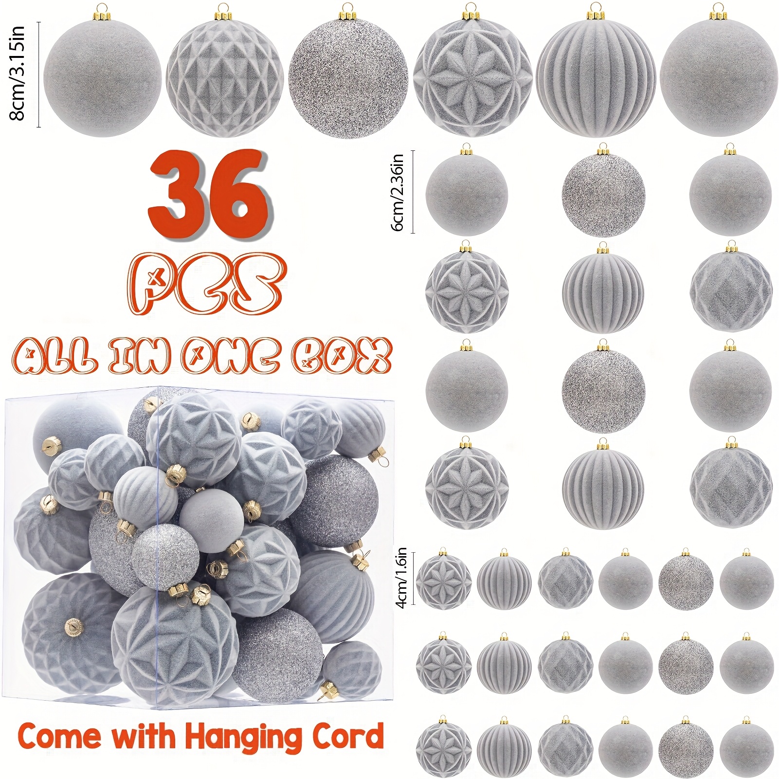 Image of 36pcs Gray Flocked Christmas Ball Ornaments Set, Ideal For Halloween, Thanksgiving, And Holiday Decorations – Perfect For Christmas Trees, Wreaths, Door Frames, Indoor/outdoor Use