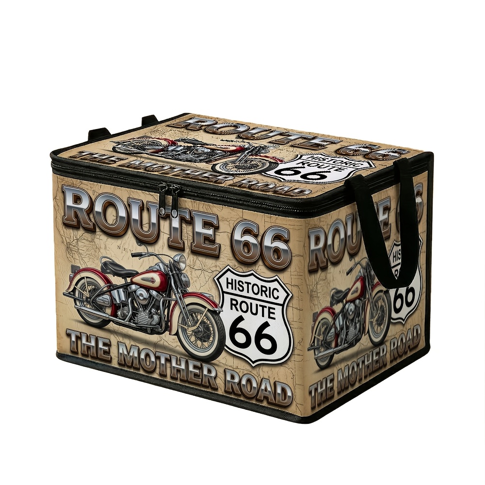TEMU 1pc Vintage Route 66 Motorcycle Storage Bin With Lid - Retro Americana Suitable For Closet, Under-bed Container For Seasonal Clothes &