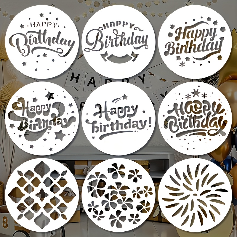 TEMU This Set Of 9 Birthday Templates Includes Reusable Round Drawing Stencils, Featuring 6 Letter Designs And 3 Decorative Patterns (floral,