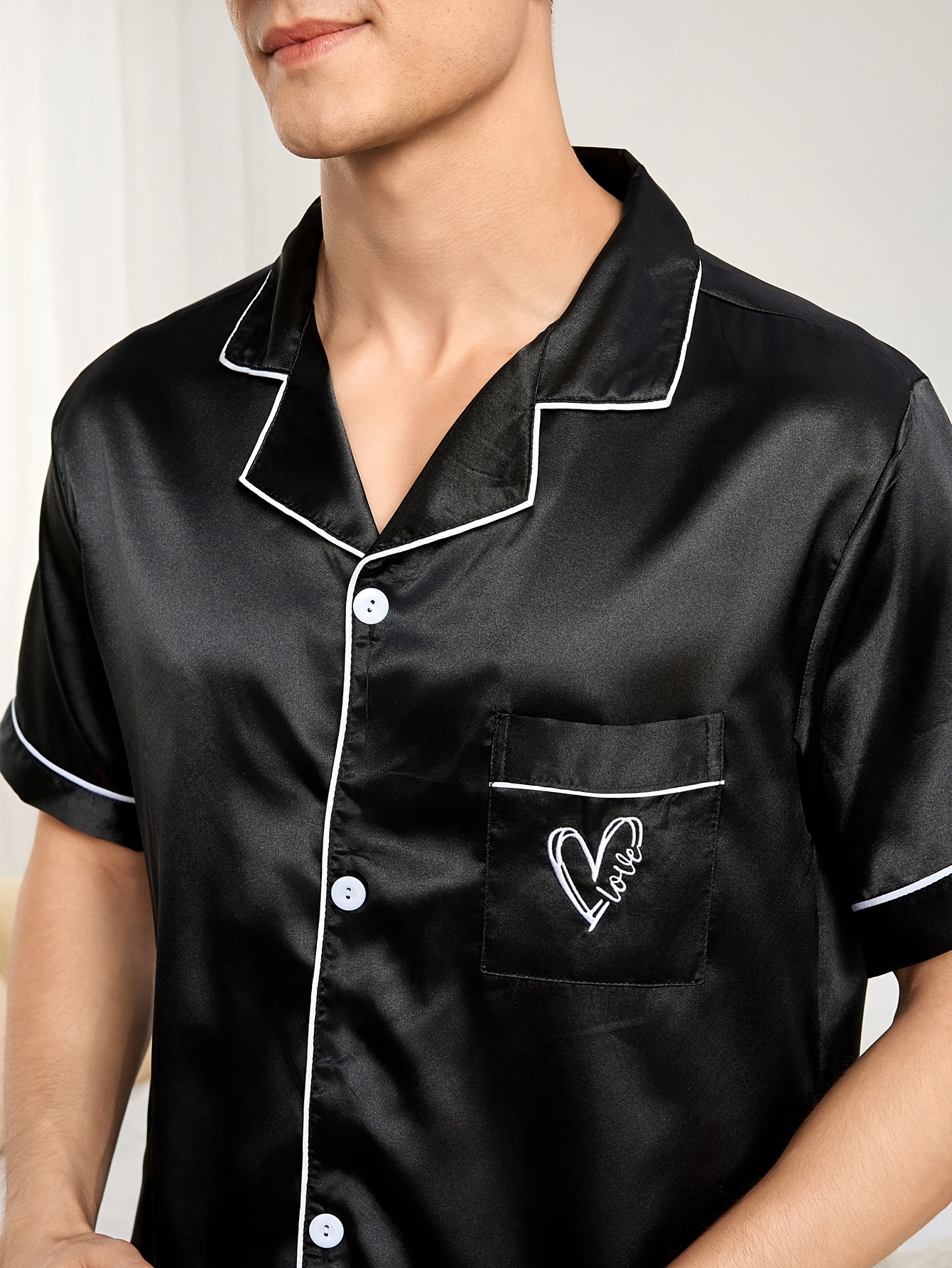 Single Set MEN/WOMEN Romantic Valentine's Day Couple's Style Heart Letter Print Y Cardigan Button-Up Short Sleeve Top + Shorts for Men or Women
