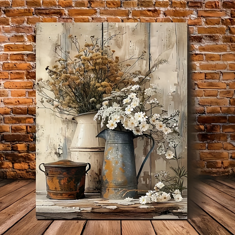 Country-style Canvas Art - Cream Yellow Wood Grain With White Jasmine & Rust Watering Can, Living Room Or Bedroom Decor, Frameless, Decoration