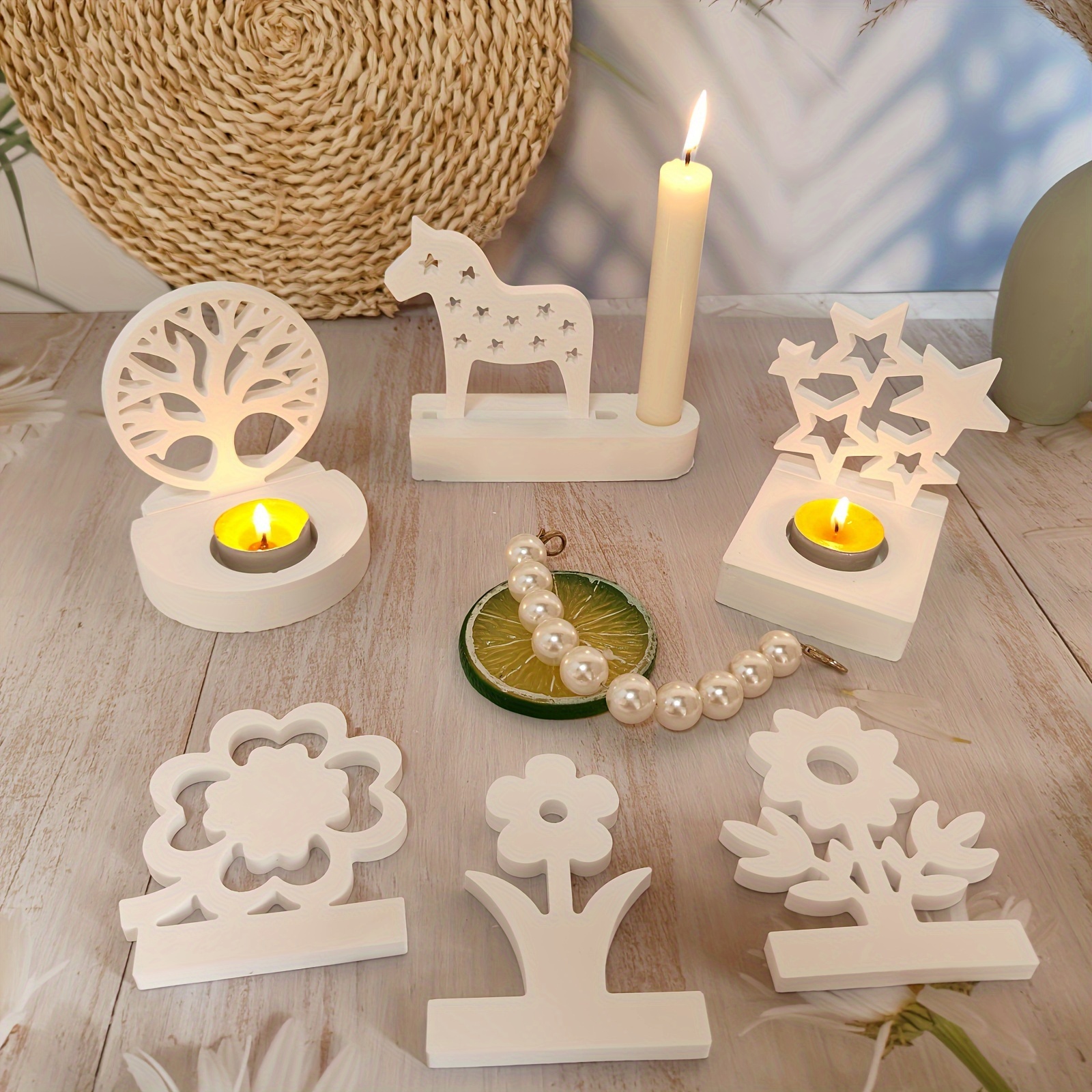 

1pc Tree Of Life Gypsum Candlestick Silicone Mold Star Pony Flower Clover Desktop Candle Holder Making Silicone Mold For Dinner Party Decorations