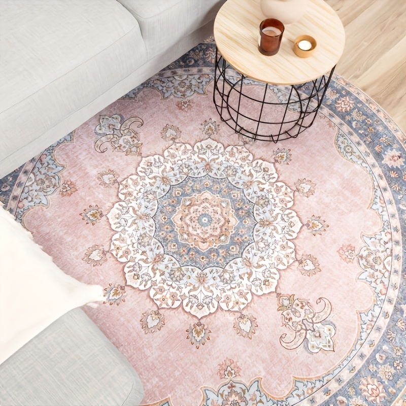 TEMU A Soft Pink Persian Round Rug. This Velvet Carpet Combines A Plush Feel With Durability, Featuring A Non-slip Design That Adds An Extra Layer Of