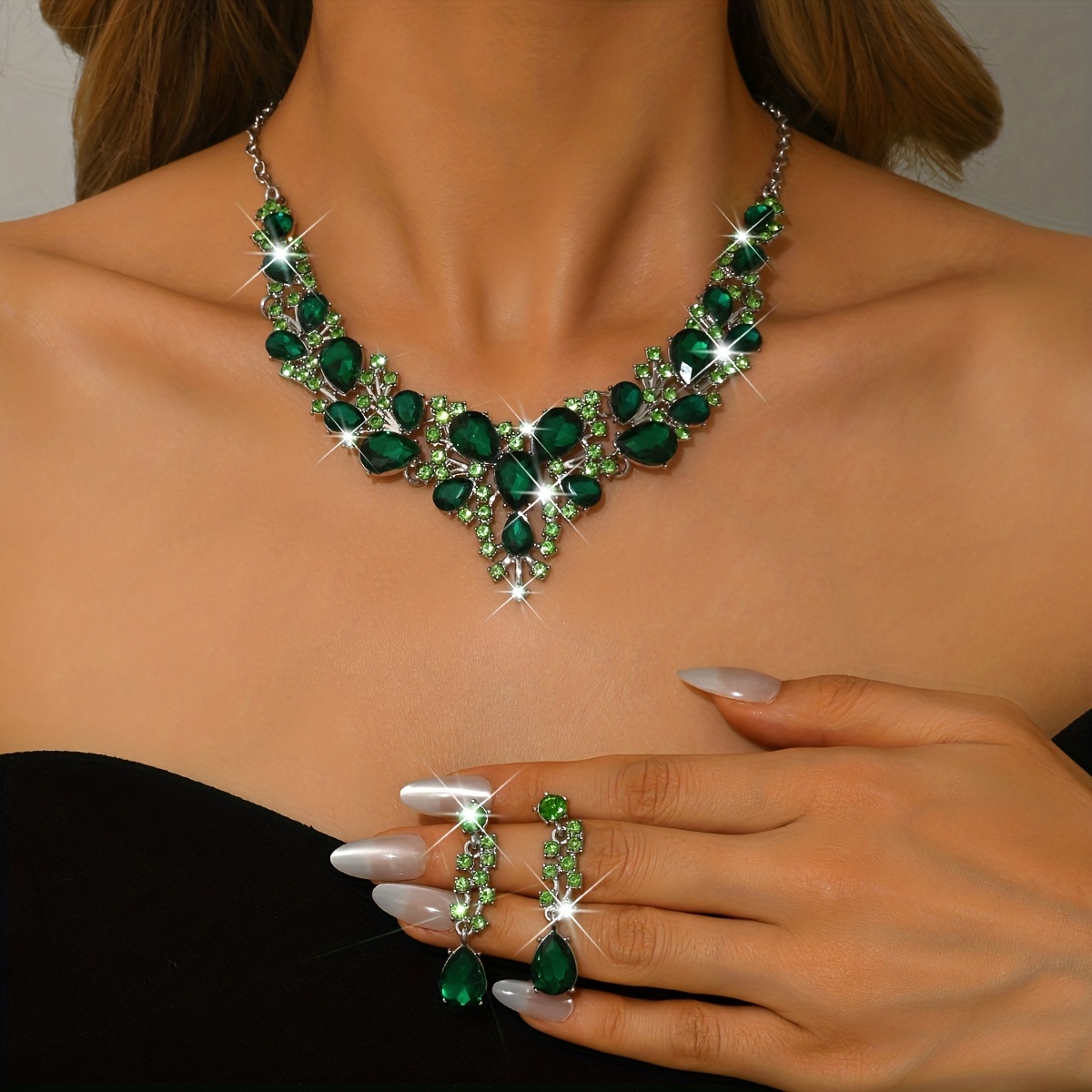 TEMU Elegant Emerald Green Necklace & Earrings Set For Women - Jewelry With Green Gemstones, Perfect For Weddings, Banquets, And Special Occasions,
