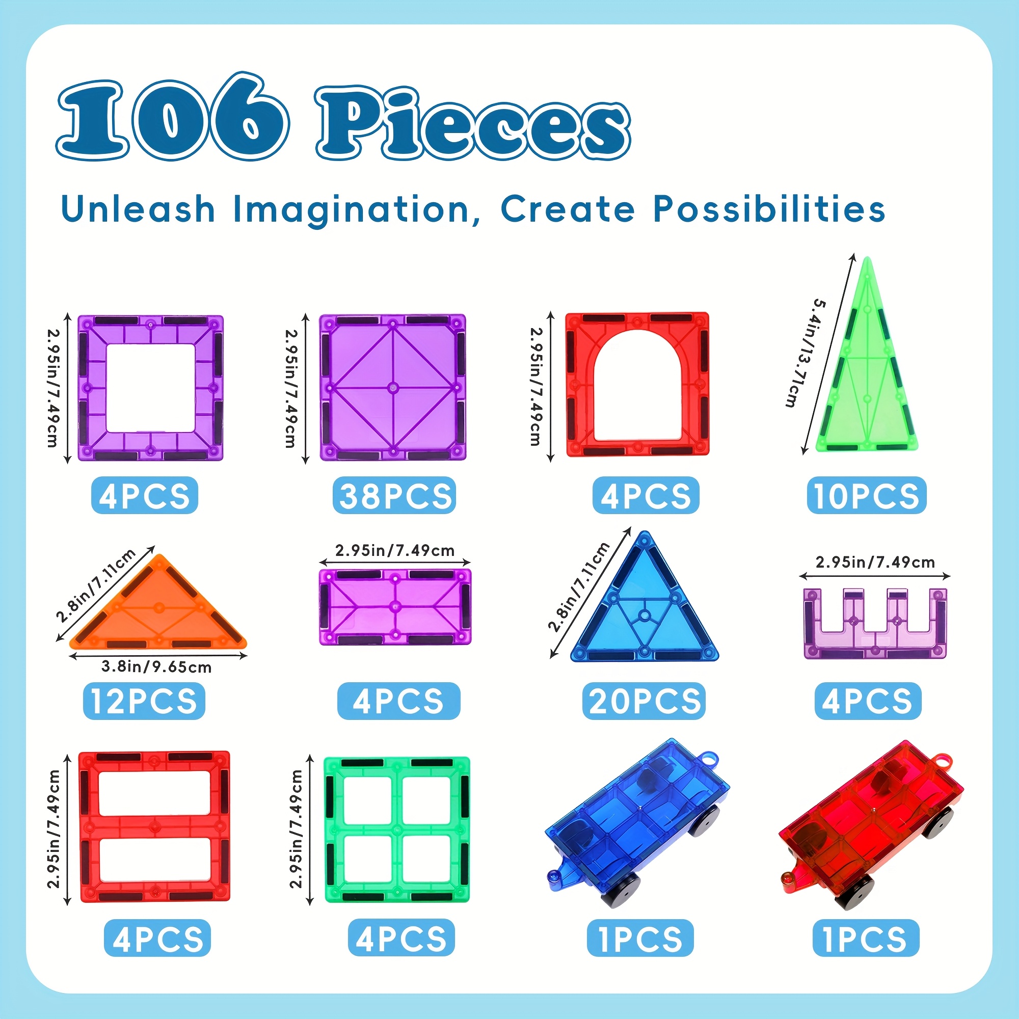136/106pcs Magnetic Blocks With 2 Cars, Magnetic Tiles Kids Toys, Magnet Tiles 3D Clear Building Blocks Set, STEM Sensory Educational Toys, Birthday Gift For Kids Boys Girls 3 4 5 6 7 8 9+ Year Old