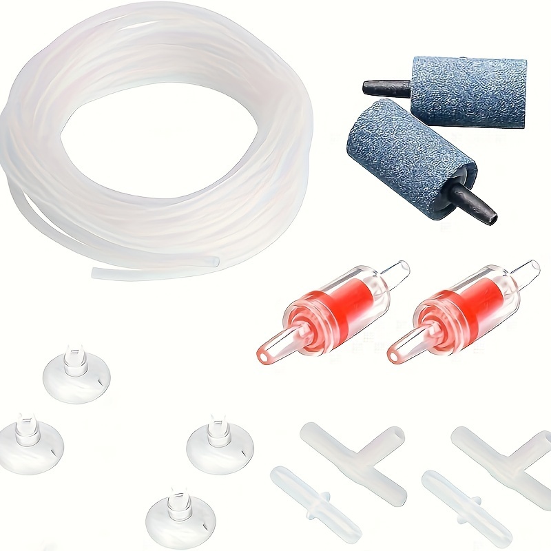 Image of Aquarium Air Pump Additions Set 39.37 Foot Aviation Pipe With 2 Air Stones, 2 Check Valves, 6 Suction Cups, And 2 Connections, Without Battery