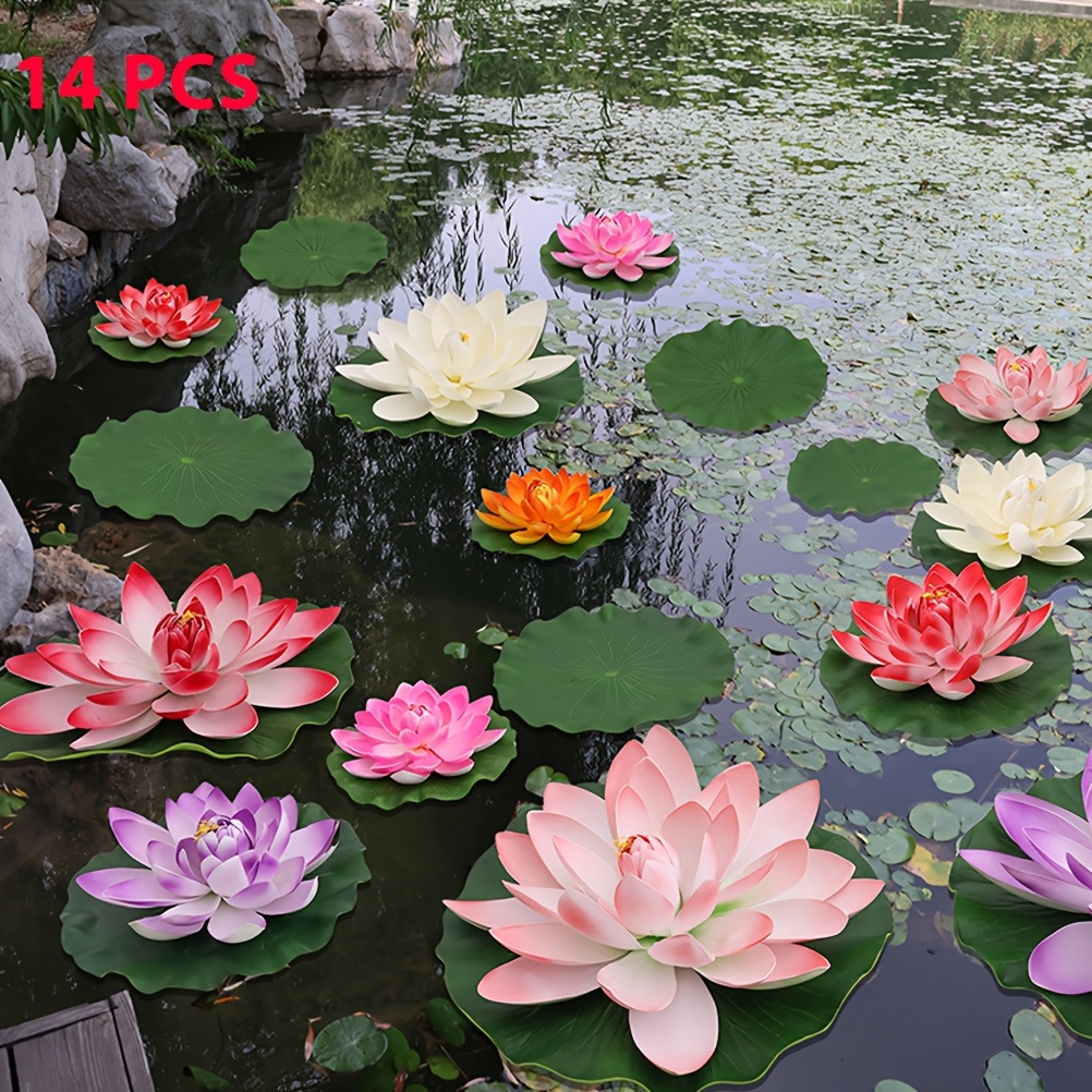 14pcs 11in And 6in Artificial Flowers Floating Foam Lotus Flower With Fake Lily Pads Artificial Lily Pads For Pond For Fish Pond Aquarium Pool Wedding Decor