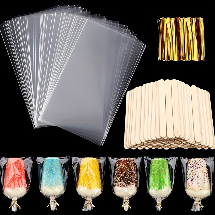 

300 Pcs Ice Pop Making Kit - Diy Ice Cream Bags Set With 100 Clear Plastic Popsicle Bags, 100 Wooden Ice Cream Sticks & 100 Gold Twist Ties For Homemade Popsicles, Candy Packing & Cookie Bags