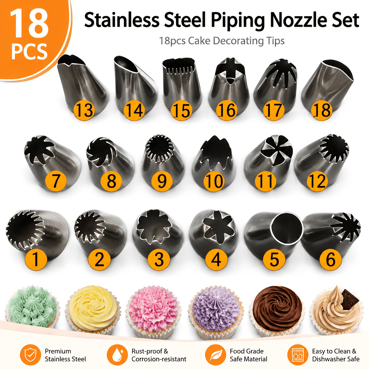 TEMU 18pcs Large Set Pastry Nozzles, Stainless Steel Cake Decorating Tips For Dessert Cream Frosting, Reusable, Removable, Washable, Random Patterns