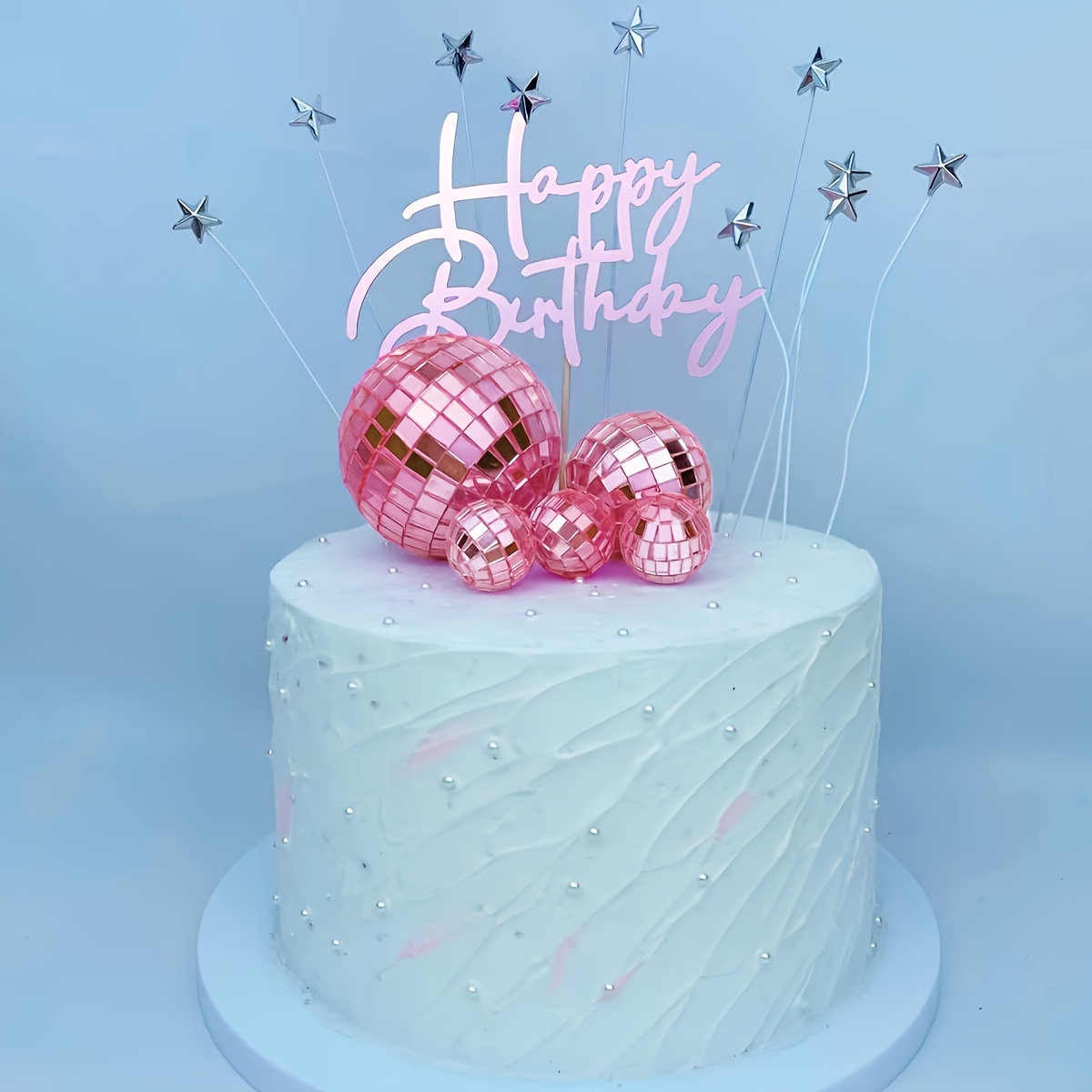 

16-piece Pink Disco Ball And Star Acrylic Cake Topper Set - Glass Cake Decoration Kit For Disco Theme Parties, Birthdays, And Celebrations - No Electricity Required