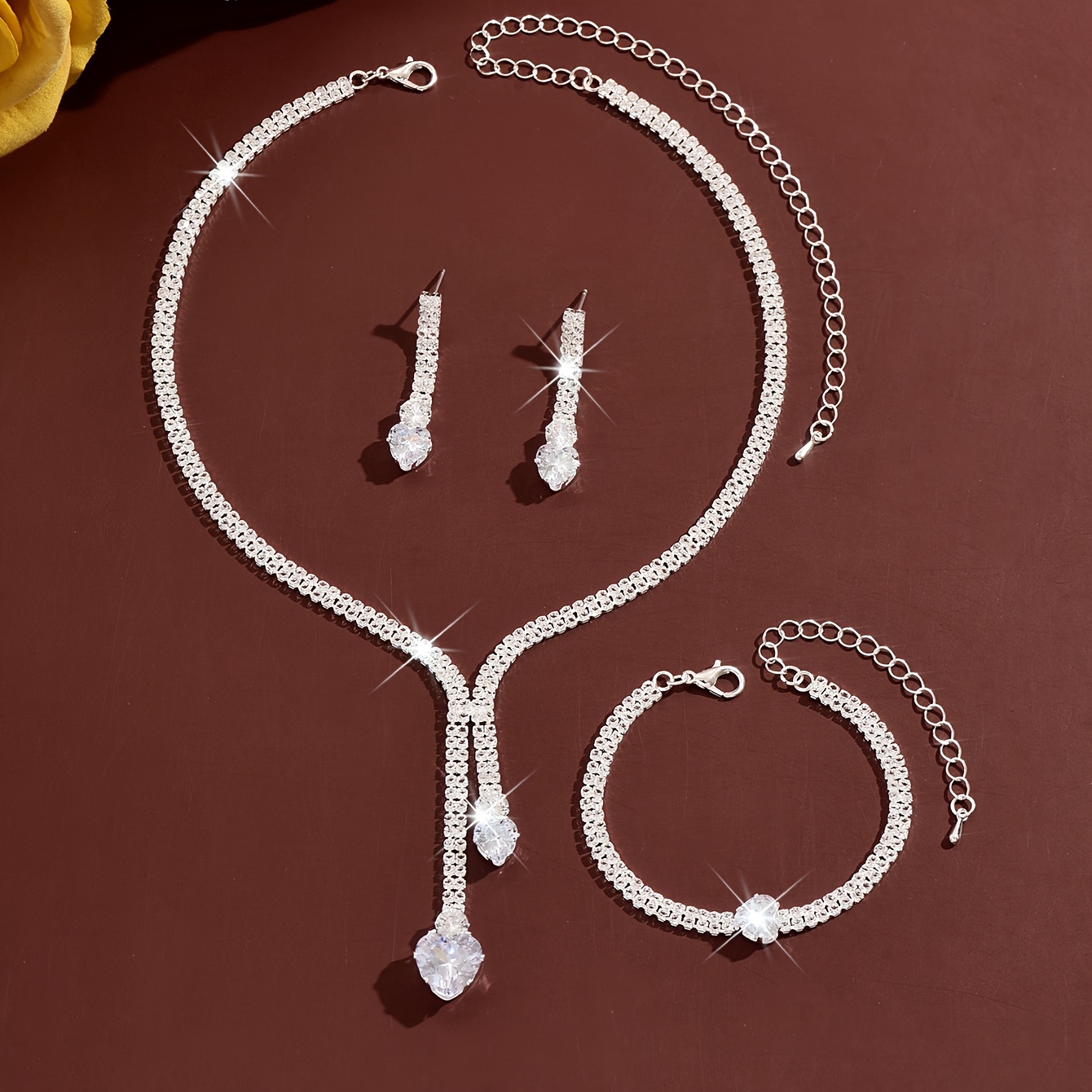 Y-Shaped Heart Drop Necklace, Earrings & Bracelet Set, Elegant Accessories