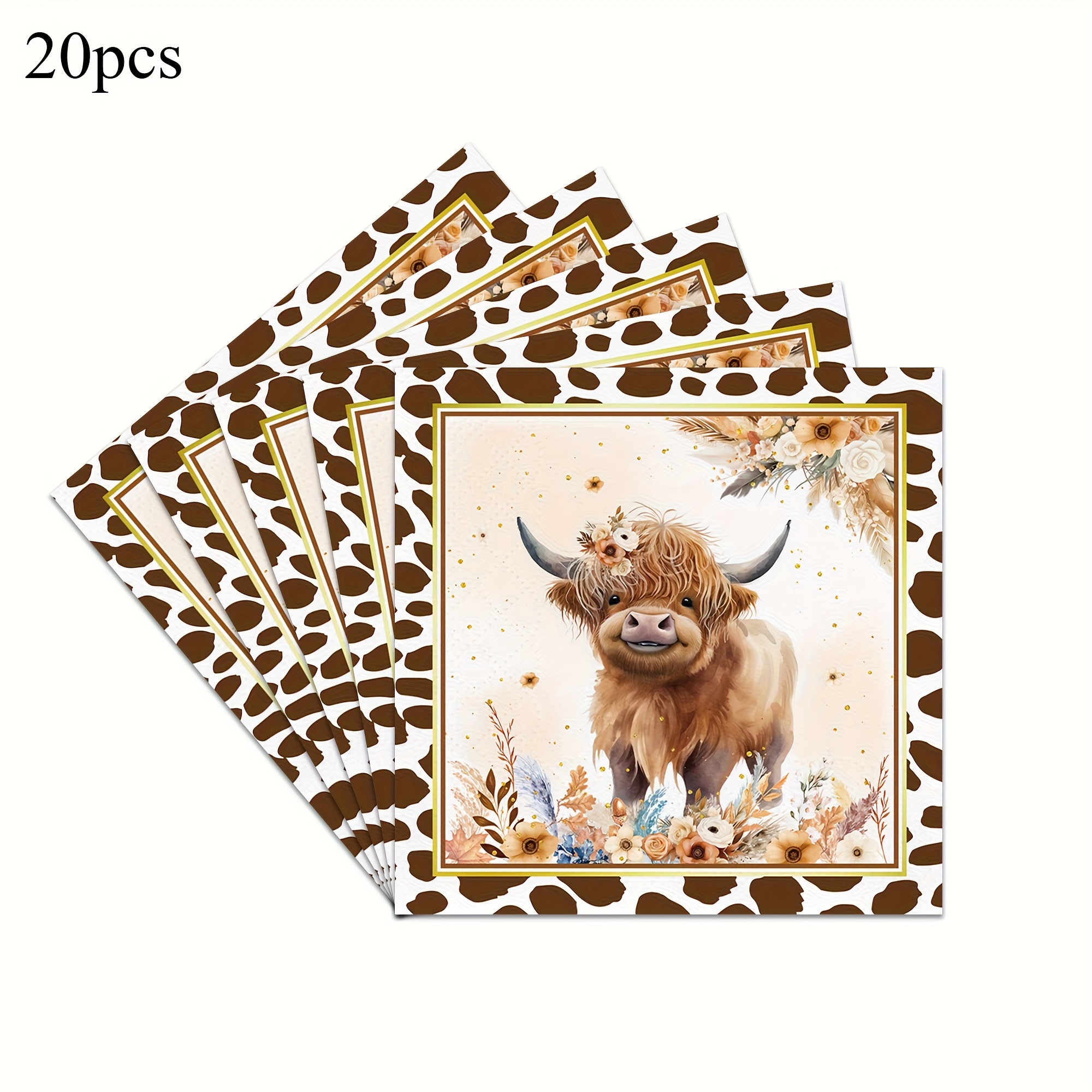 Image of 20-pack Highland Cow Napkins - Brown Cow Print Birthday Party Decorations, Western Highland Cow Disposable Paper Napkins For Birthdays, Baby Showers, Party Supplies, And Holiday Decorations