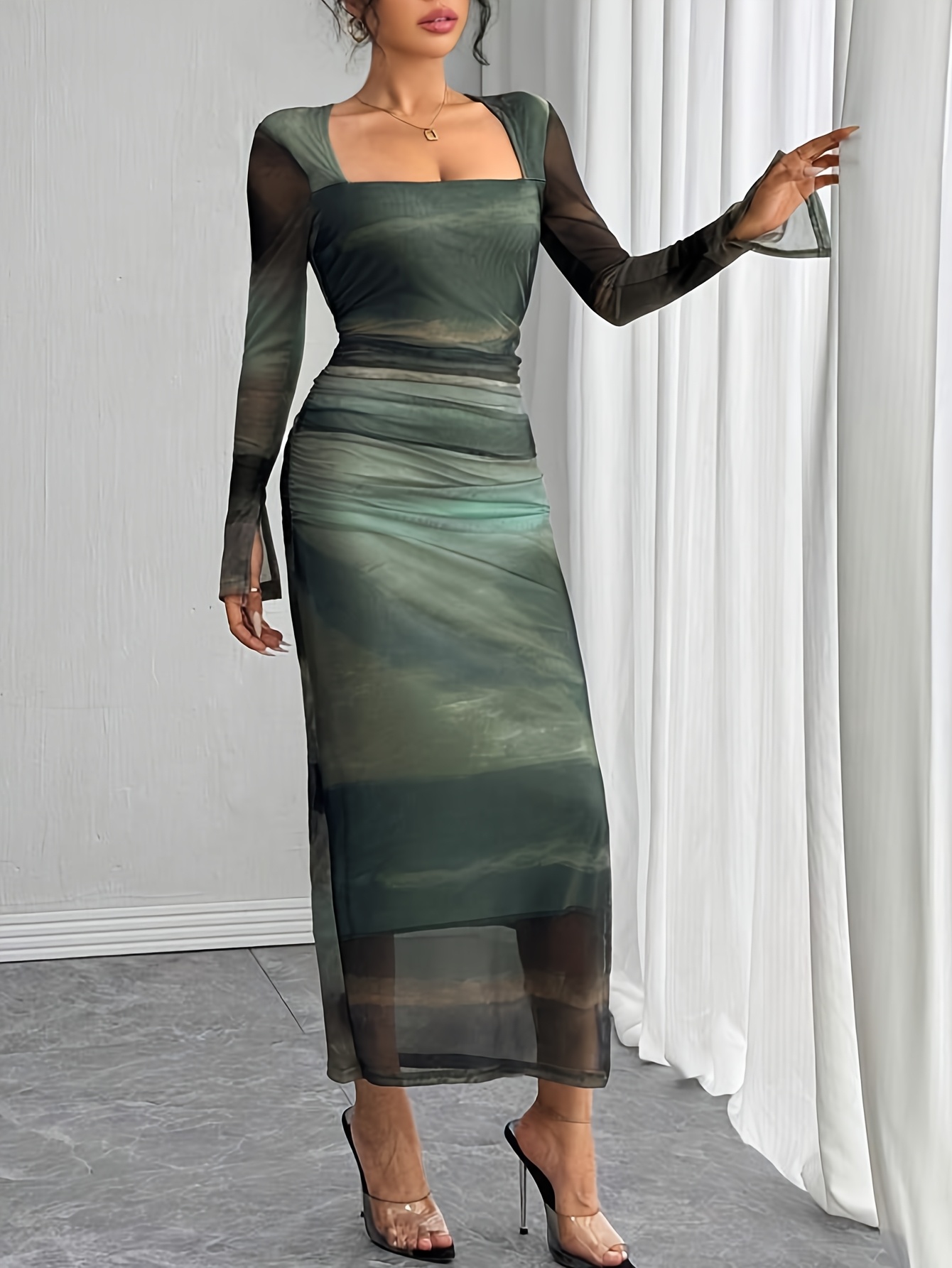 long sleeve split sleeve drawstring waist u neck mesh - Temu Mauritius