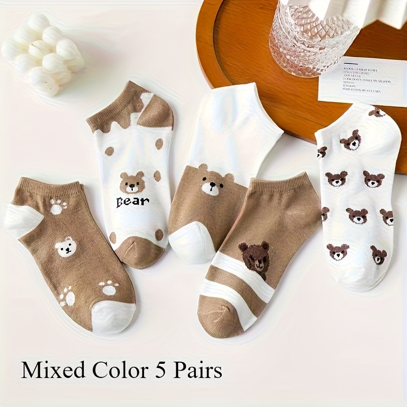 Image of 5 Pairs (random Color) Women's Ankle Socks - Cute Bear And Paw Print Design, Warm Boat Socks, Trendy Casual Socks And Fashion Enthusiasts, Additions, Sock Designs, Soft Fabric Socks