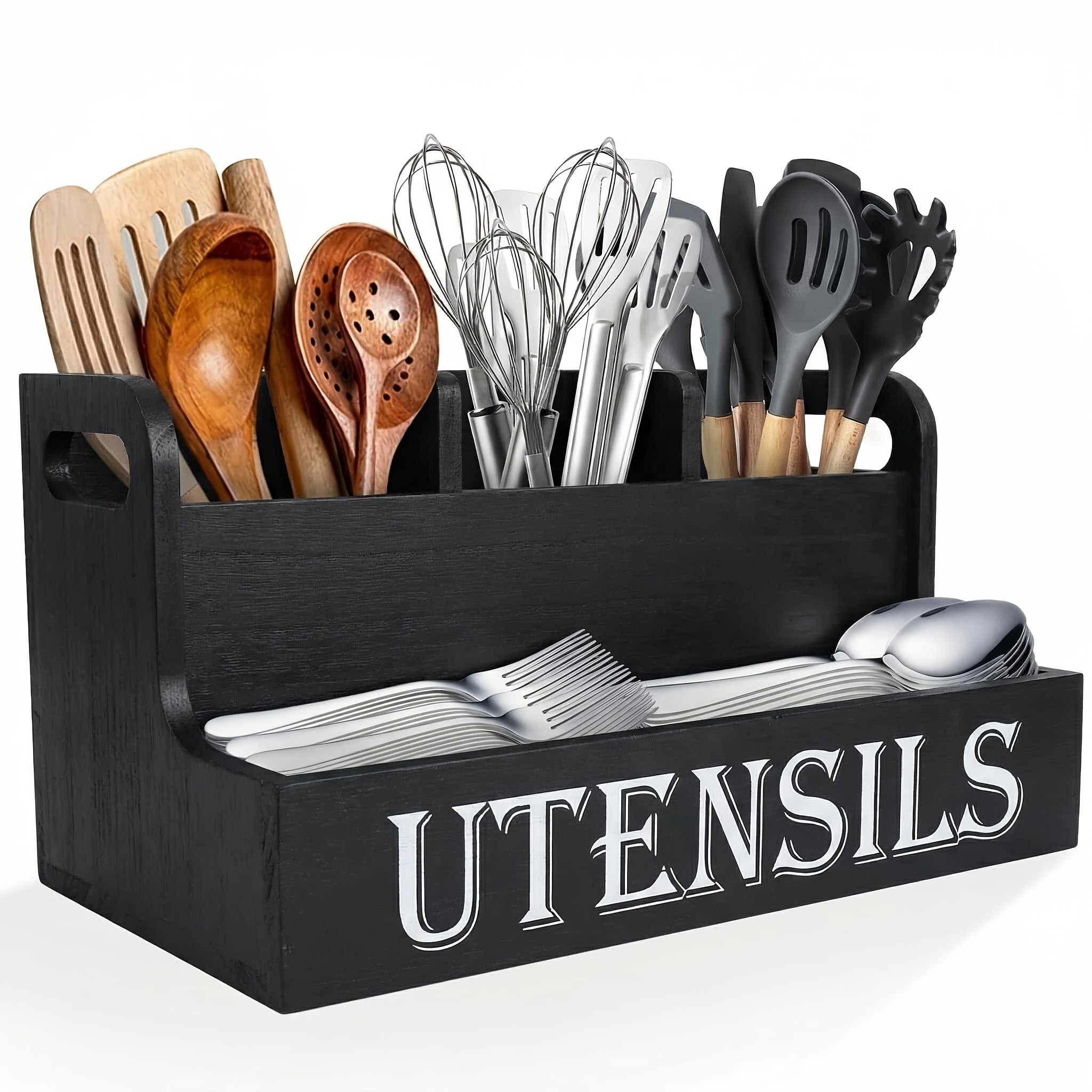 TEMU Wooden Utensil Rack - 4-compartment Kitchen Counter Organizer, Retro Farmhouse Cooking Tool Storage Box, Farmhouse Kitchen Decor, Countryside