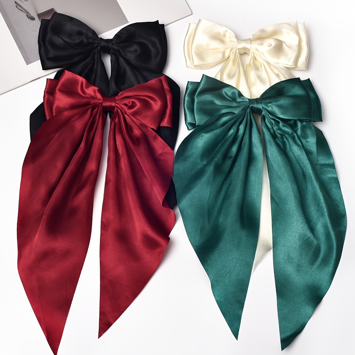 

4-pack Elegant Minimalist Bow Hair Clips, Long Tail Ribbon Bow Hair Accessories, Solid Color Fabric Bow Tie For Girls, Christmas Gift Set - Black, Red, , Green