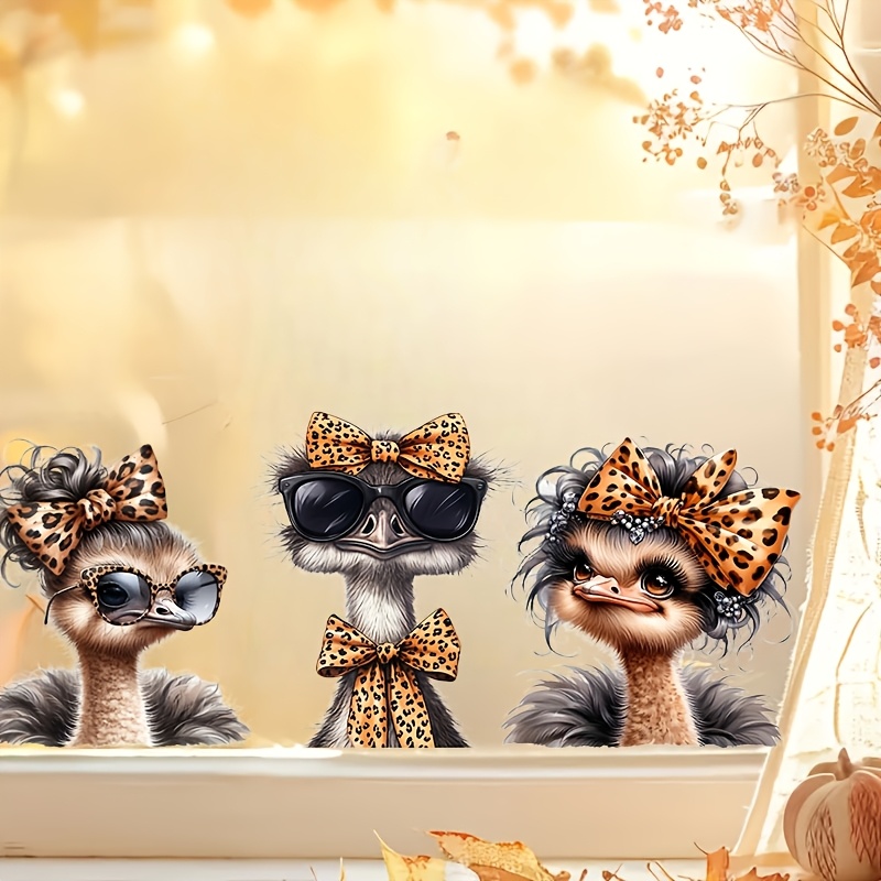 3pcs Fun Leopard Print Ostrich Pattern Window Stickers, Stickers, Exquisite Pattern Stickers, Self-adhesive Glass Stickers, Wall Stickers, Suitable For Bedroom And Home Decoration, Essential For
