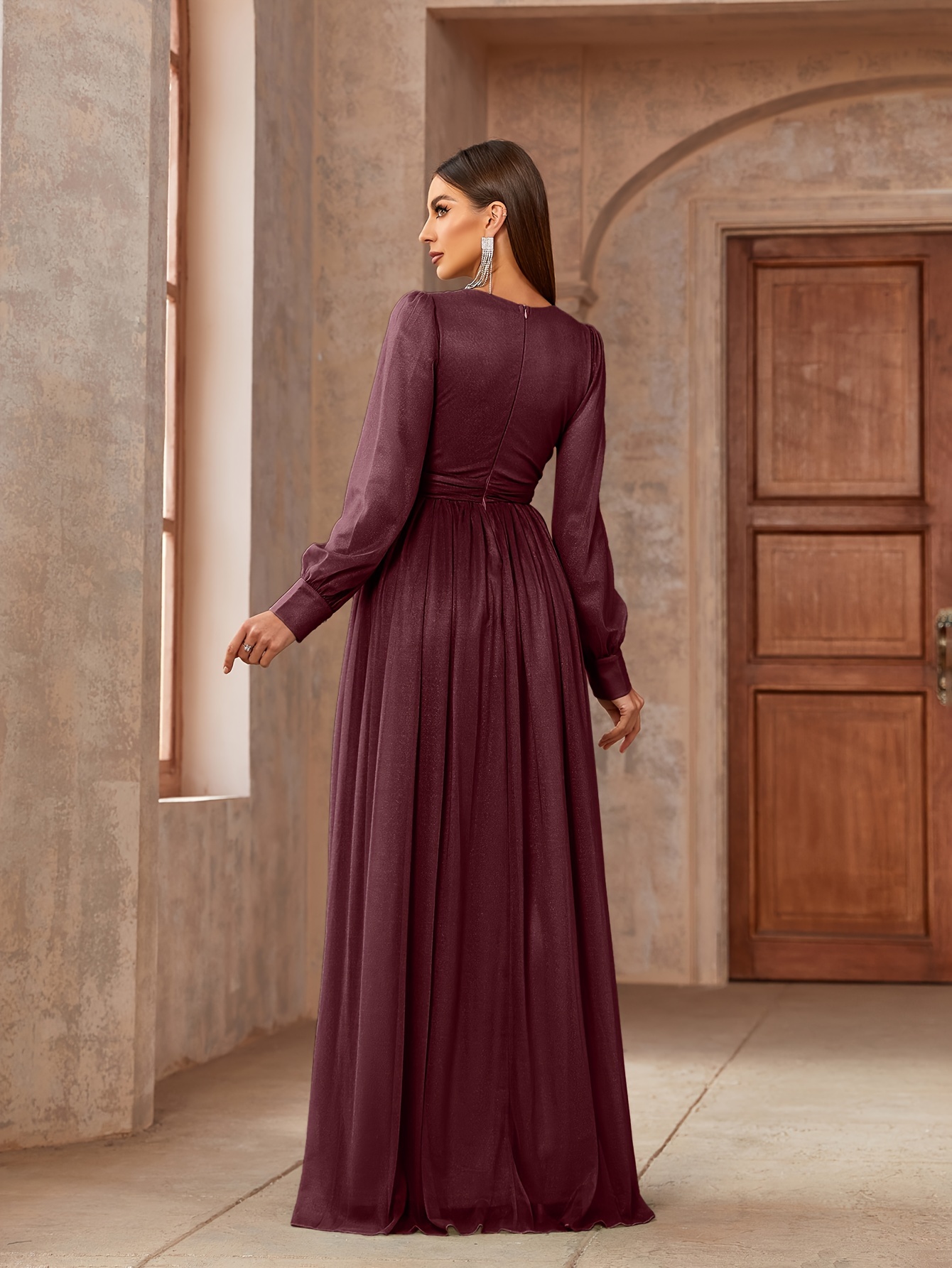 womens elegant v neck long sleeve a line dress solid color - Temu Morocco