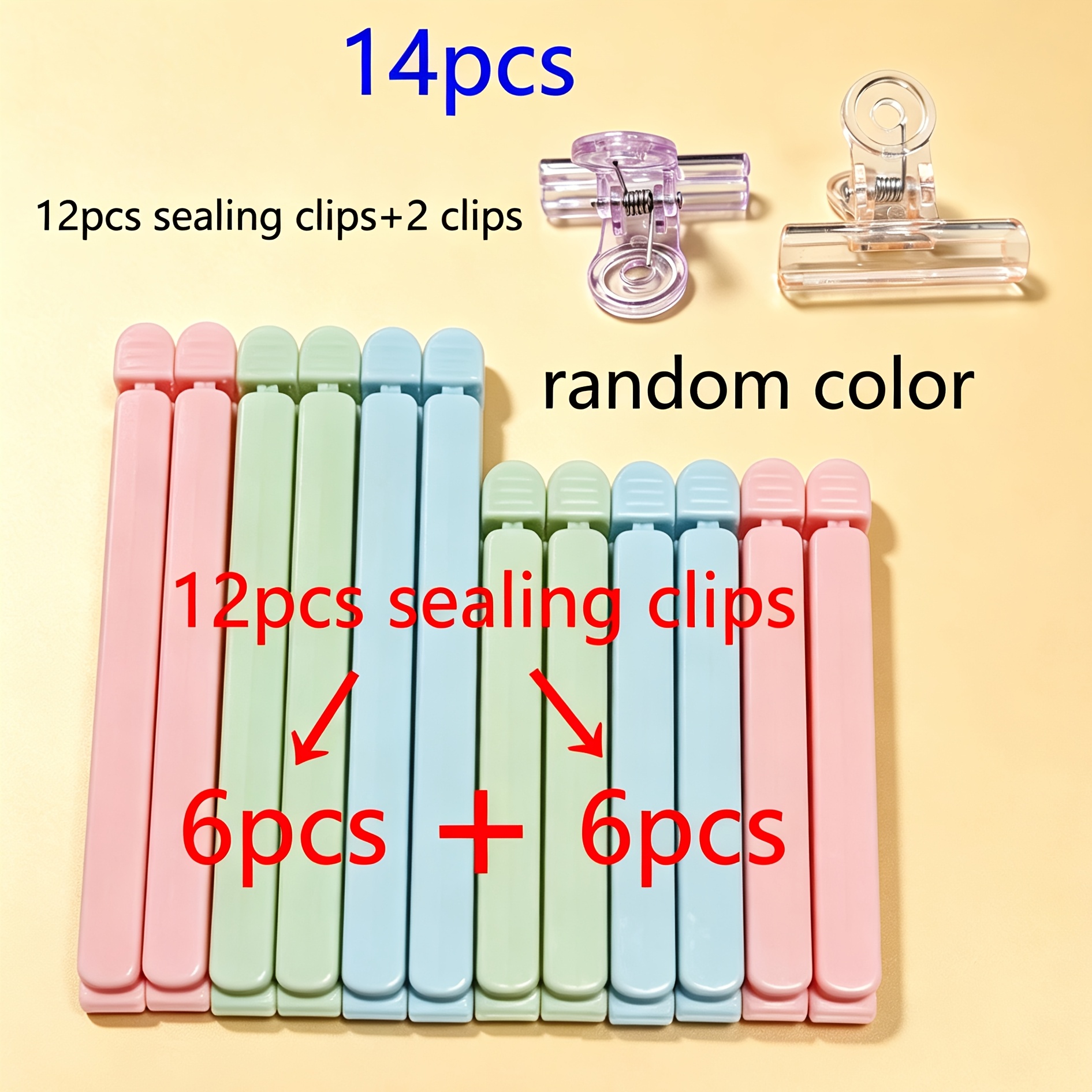 TEMU 14pcs Clips de pour sacs alimentaires (12pcs Clips et 2pcs Pinces à linge), Couleurs aléatoires, 3 tailles de clips de rangement en plastique