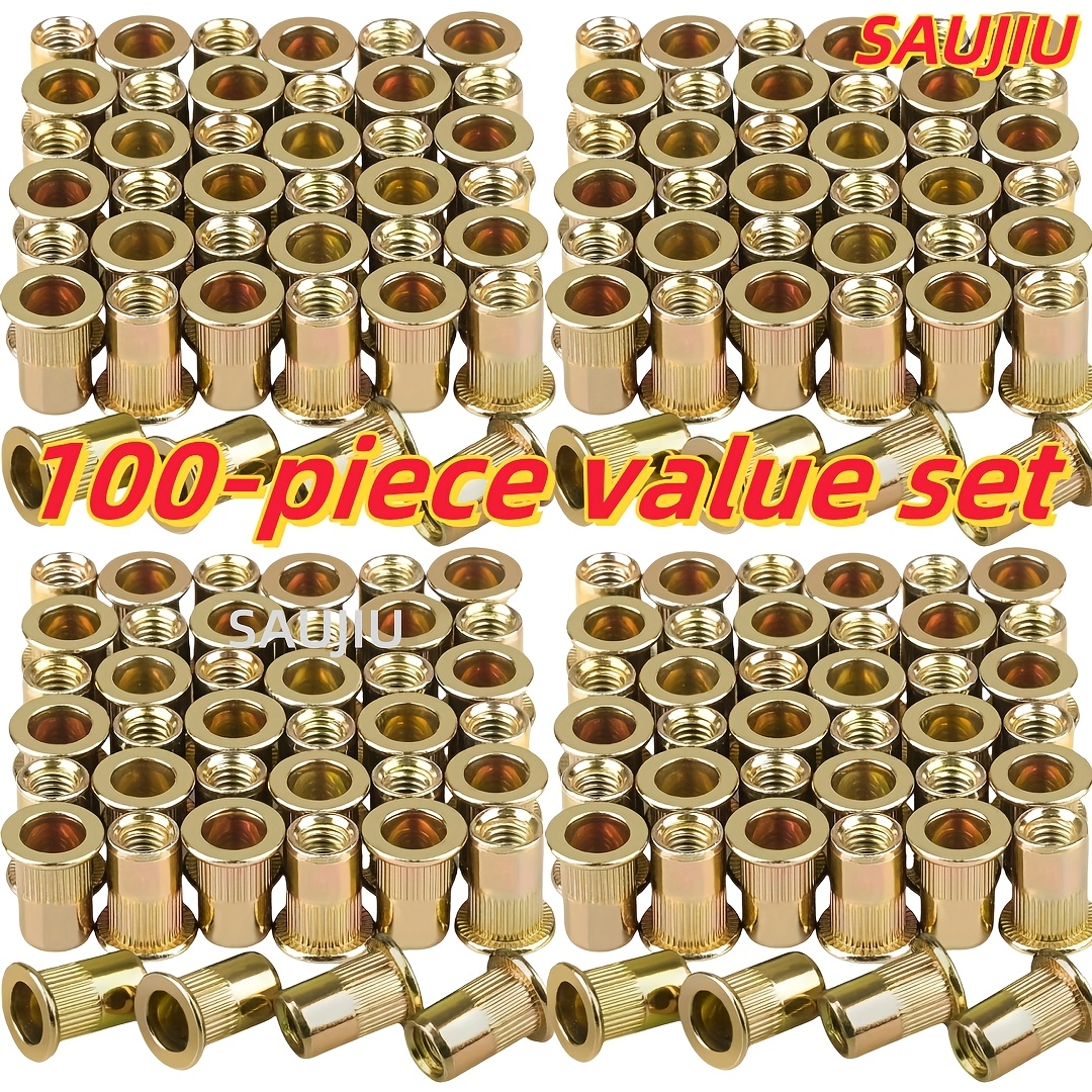 TEMU 100pcs - Kit di Dadi a Placcati - M3-M10 in Acciaio al Carbonio con Testa Piatta, Presa Zigrinata Antiscivolo, Filettatura Parziale per