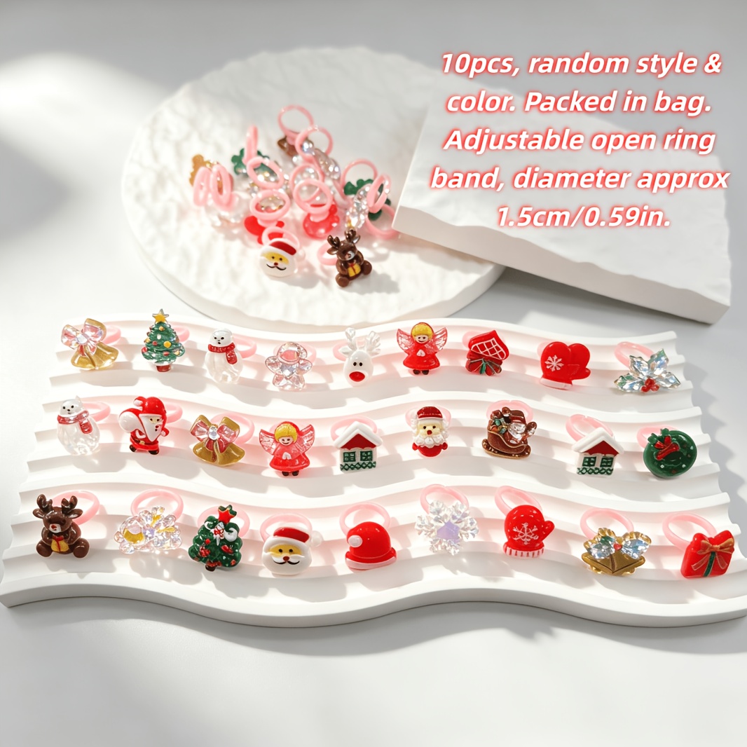 TEMU Lot de 10 bagues réglables ouvertes en résine, bagues à motif de dessin de Noël, bijoux unisexes tendance et coûteux, couleur et style