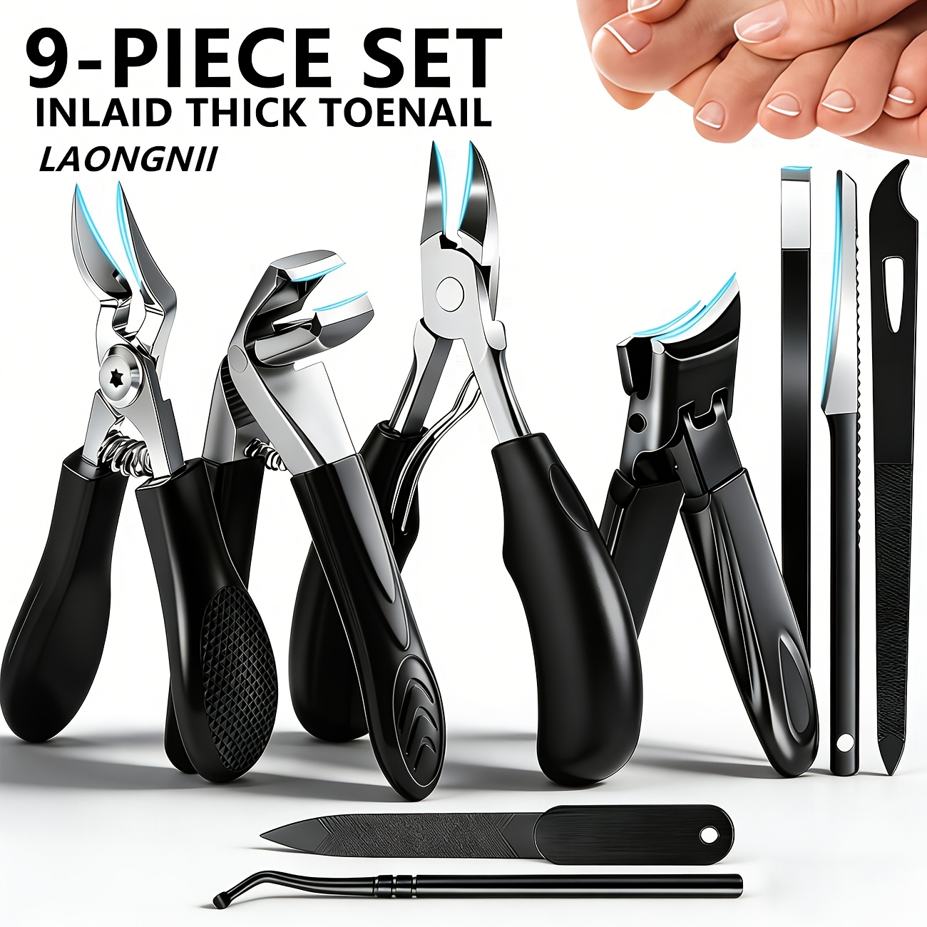 Image of Men's 9pcs Heavy Duty Toenail Clipper Set - Includes Nail Clippers, Trimming Tools, Foot Scraper, Cuticle Pusher - Handle, Suitable For Men, Women And Seniors, Laongnii