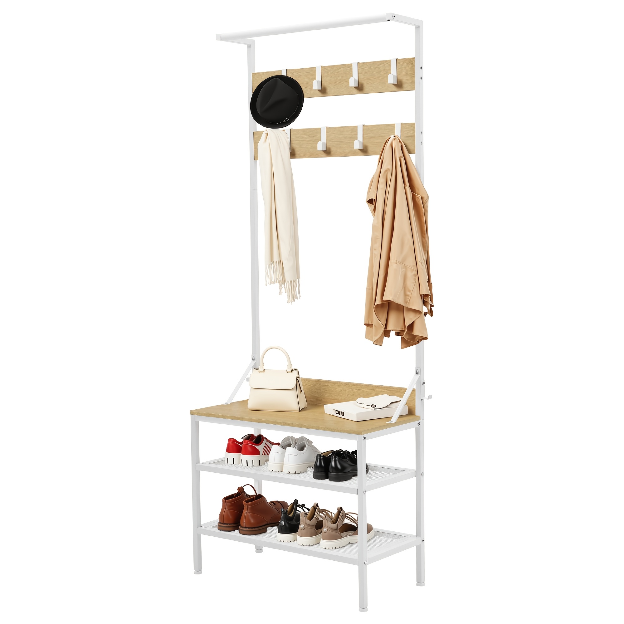 Image of 9 Hooks Coat Rack With 2 Shelves And Shoe Bench, Freestanding Entryway Coat Rack With Shoe Rack Storage, Wooden Golden Metal Combination, 72x34x183cm, Narrow And Space-
