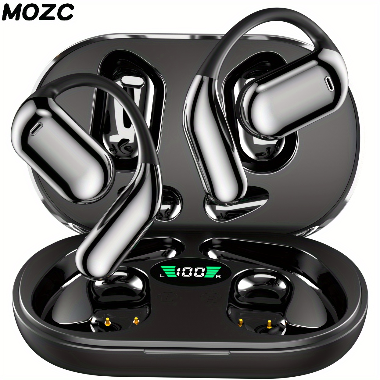 

Mozc Wireless Headphone Open Headphone Bone Conduction Headphone Sports Earbuds Touch Volume Control Built-in Microphone Led Display Charging Box, Running Fitness Design Black White