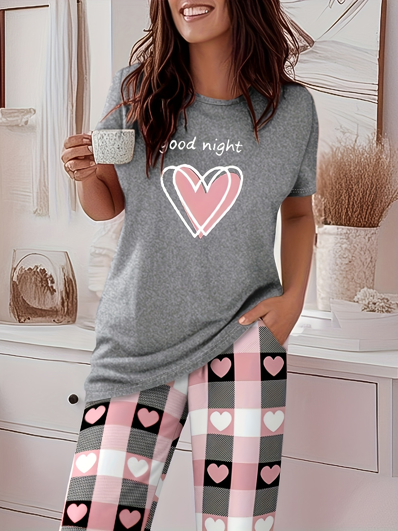 2pcs printed round neck short sleeve set gradient printed loose pants womens summer pajama set breathable   clothing two piece set Product details 18