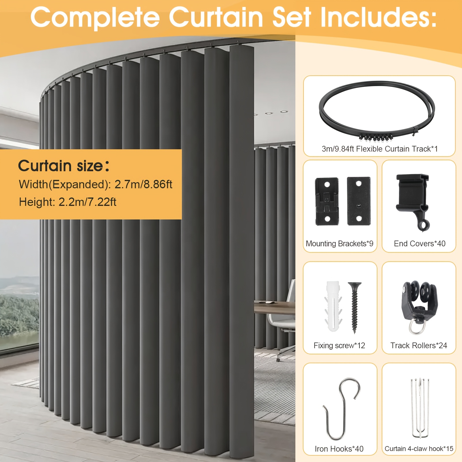 Curved Flexible Curtain Track Full Set Additions 2.7m Wide Vertical Blinds Blackout Curtain Set Suitable For Irregular Windows