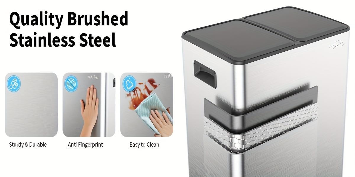 mVm 60L Heavy-Duty Stainless Step Trash Can with 2 Removable Buckets, Dual Compartment Silent Close Lid & OdorLock System, Smudge-Proof & Rust-Resistant Step-On Operation Kitchen/Office/Bathroom Waste Bin, 60L Capacity