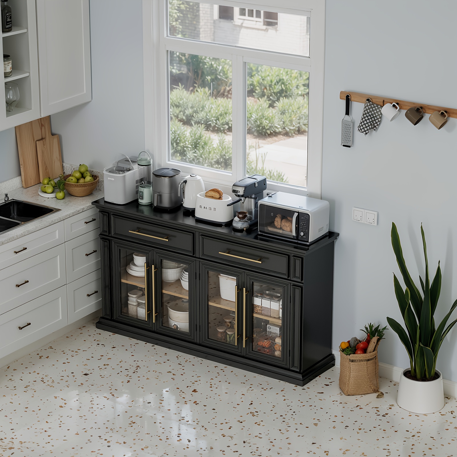 63 Mid-Century Modern Sideboard Cabinet - 2 Smooth-Opening Drawers & 4 Stylish Doors for Spacious Kitchen Storage, Perfect Coffee Bar Accent with Timeless Design