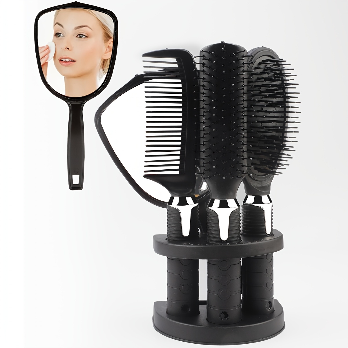 

4pcs Rancai Professional Hair Styling Set - Salon Hairbrush Kit With Scalp Massager, Comb, Brush & Mirror, Rubber , Abs Plastic Handle, For - Hairdressing Tools For All Hair Types