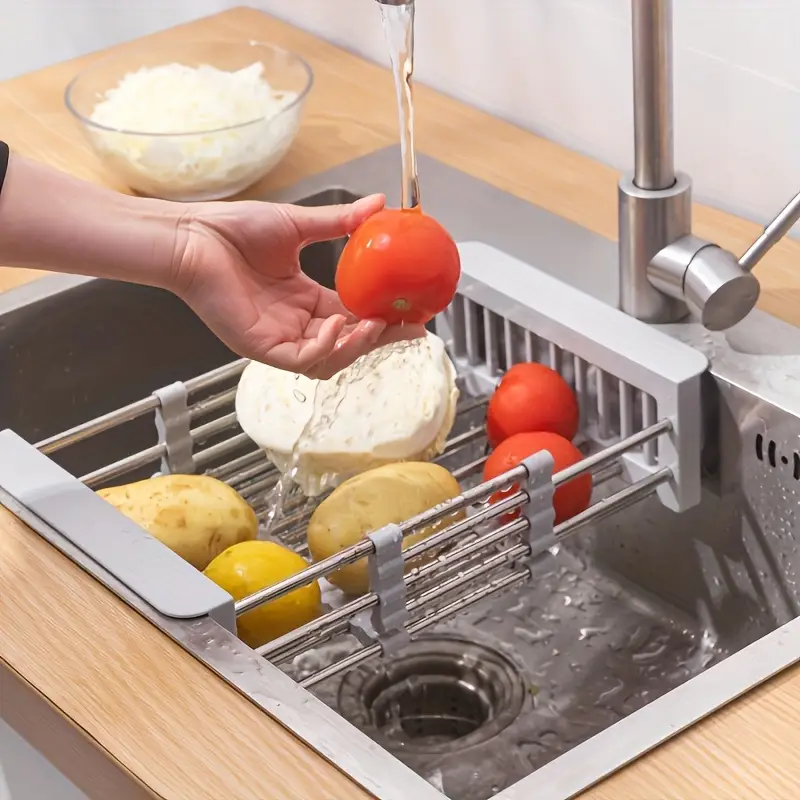 adjustable stainless steel sink organizer with drain basket foldable multi layer kitchen storage rack for utensils cups and vegetables washing and drying rack for dishes utensil holder sleek durable construction kitchen sink accessories Product details 3
