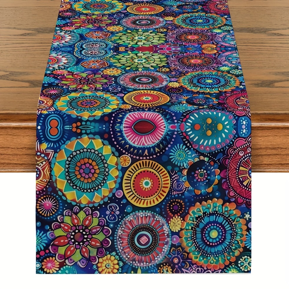 

1pc, Table Runner, Ethnic Floral Geometric Printed Polyester Table Runner, Colorful Mandala Pattern Table Runner, Dining Table Decor