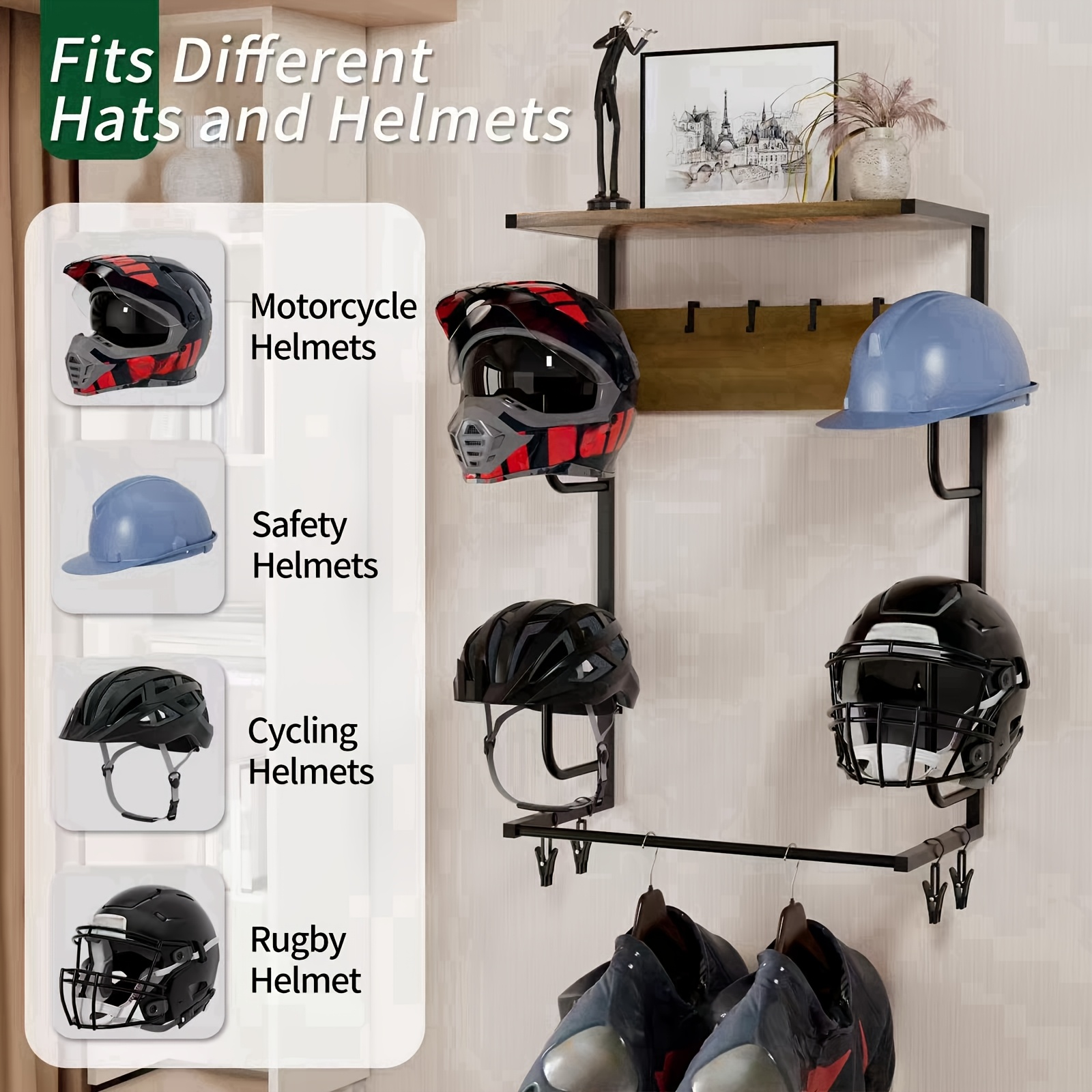 helmet wall mount rack motorcycle gear recycled wood Temu Germany