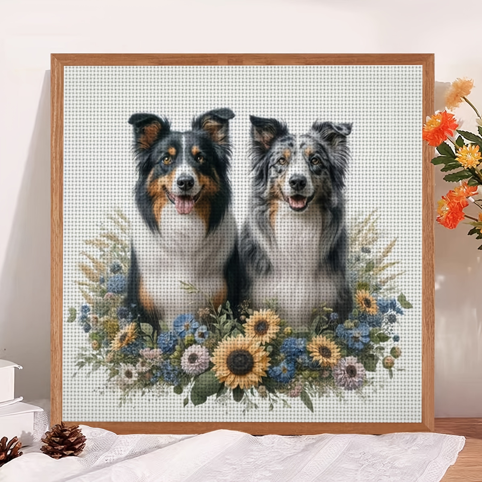 DIY Cross Stitch Kit - Smiling Dogs & Flowers Design for Beginners