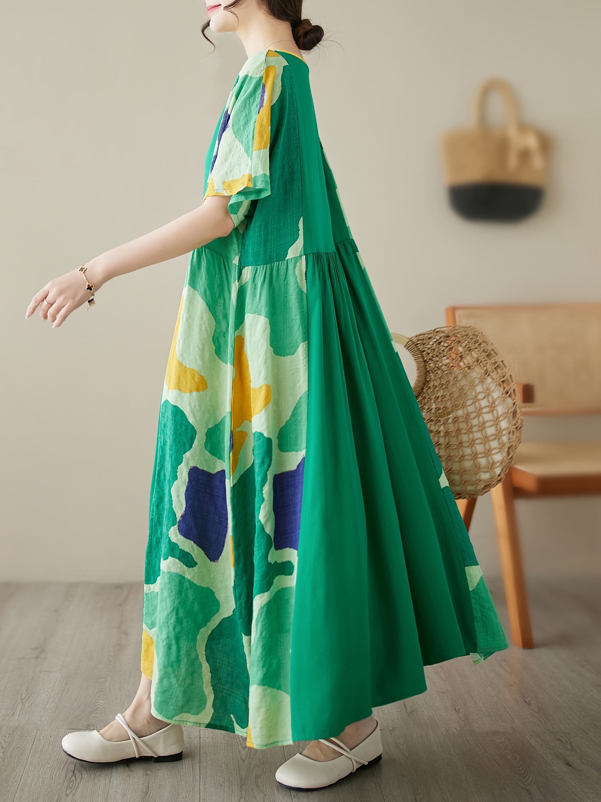 plus size plus size summer new striped stitching literary - Temu